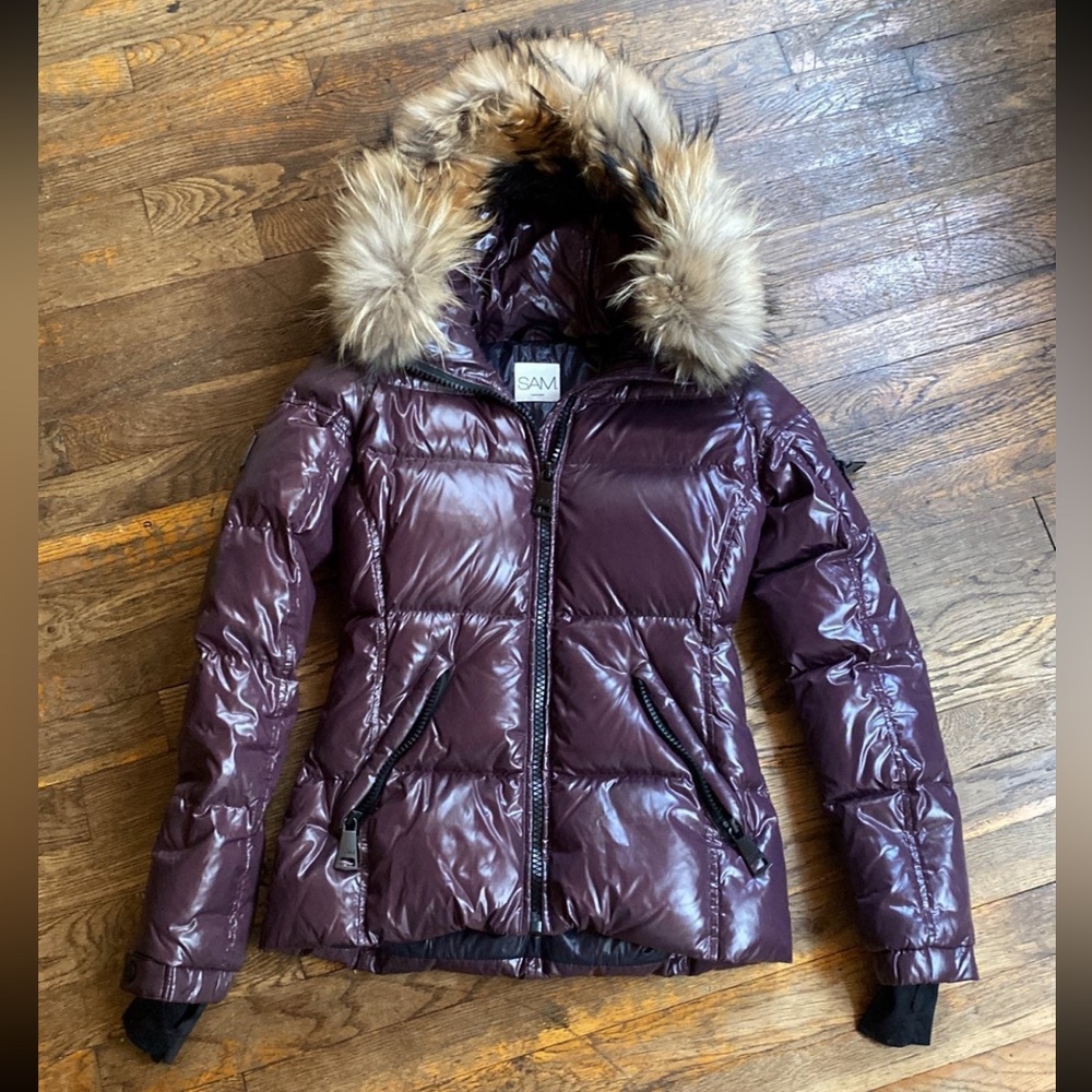 SAM. Genuine Fur hood trim Down jacket purple XS
